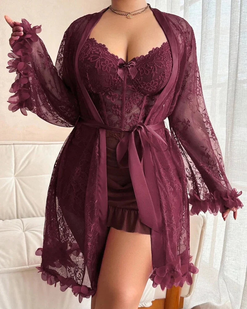 Plus size Lace Cami Nightgown & Floral Lace Trim Wide Sleeve Sheer Robe