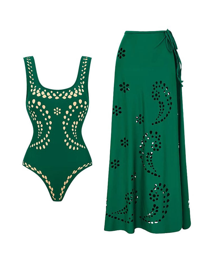 Fashionable And Sexy Hollow Pattern One-Piece Swimsuit Set