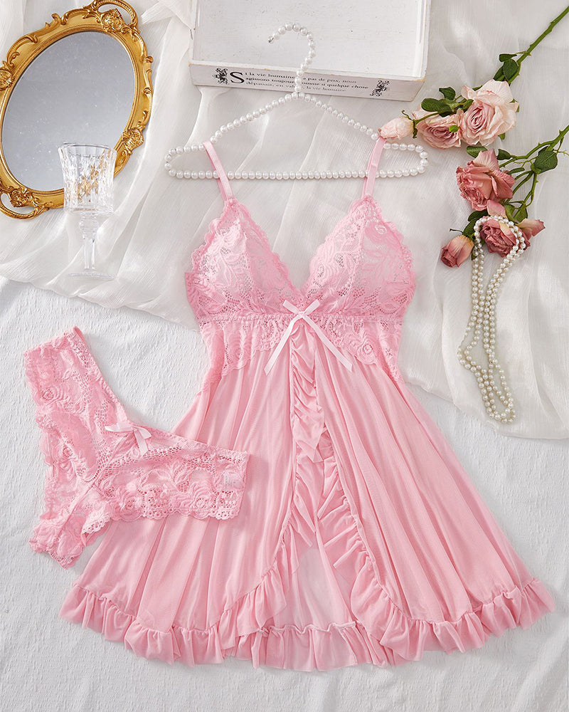 Sexy Lingerie V-Neck Lace Ruffle Trim Cami Nightdress & Panty Set Babydoll