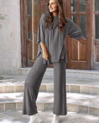 Relaxed Split-Hem Top & Wide-Leg Pants Set