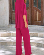 Relaxed Split-Hem Top & Wide-Leg Pants Set