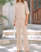 Relaxed Split-Hem Top & Wide-Leg Pants Set