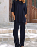 Relaxed Split-Hem Top & Wide-Leg Pants Set