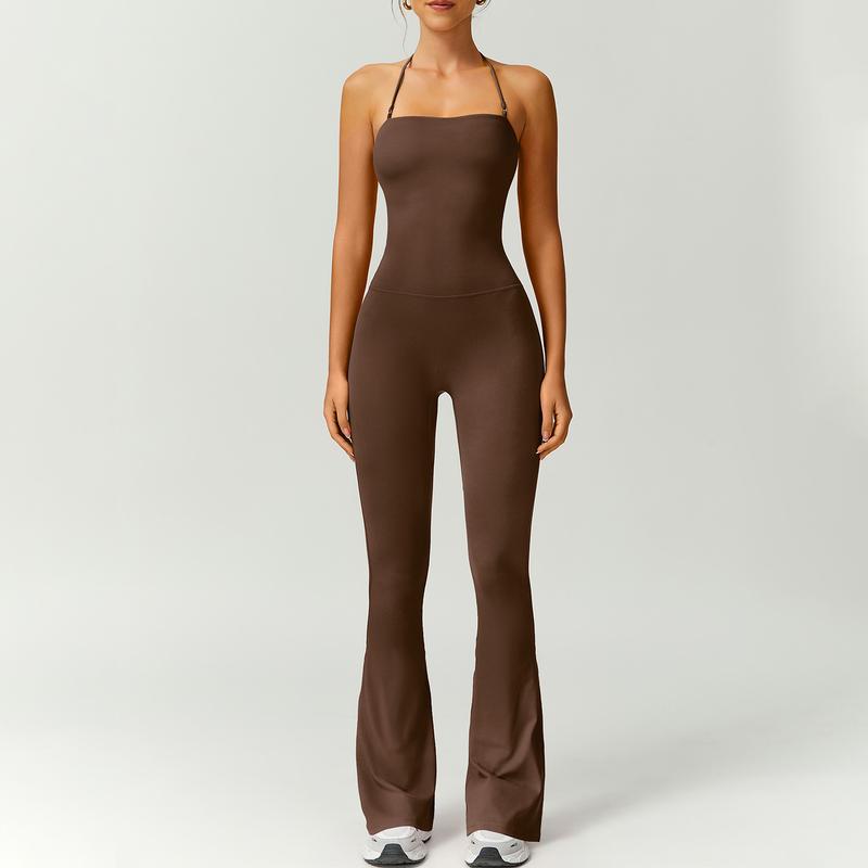Women’s Halter Neck Bodycon Flare Jumpsuit – Stretchy, Butt-Lifting Activewear