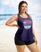 Island Print Drawstring Adjustable Swim Top
