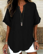 Relaxed V-Neck Short Sleeve Blouse