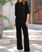 Relaxed Split-Hem Top & Wide-Leg Pants Set