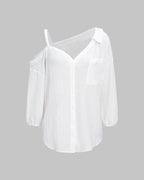 Asymmetric Cold-Shoulder Button-Down Blouse