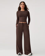 Women’s 2-Piece Activewear Set: Long-Sleeve Crop Top & Wide-Leg Pants | Stretchy Yoga/Workout/Running Clothes