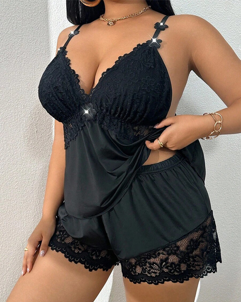 Plus Size Lace Satin Cami Pajama Set – Sexy Two-Piece Sleepwear for Women