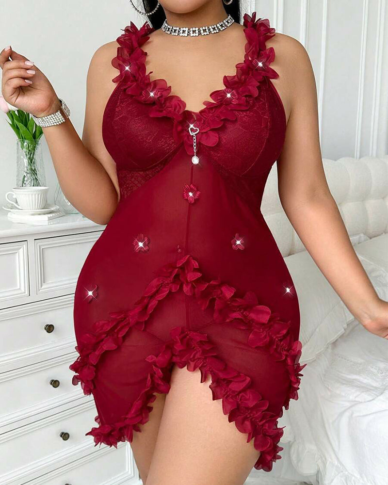 Sexy Plus Size V-Neck Spaghetti Strap Nightie with Backless Ruffles