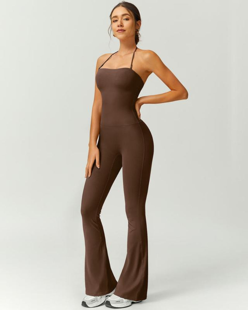 Women’s Halter Neck Bodycon Flare Jumpsuit – Stretchy, Butt-Lifting Activewear