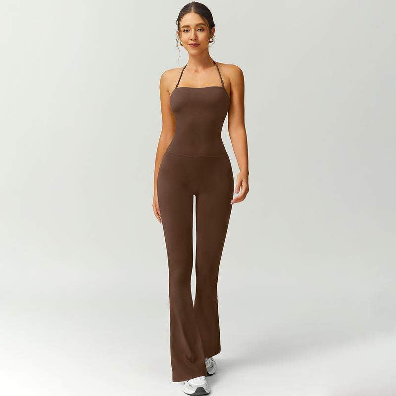 Women’s Halter Neck Bodycon Flare Jumpsuit – Stretchy, Butt-Lifting Activewear
