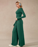 Women’s 2-Piece Activewear Set: Long-Sleeve Crop Top & Wide-Leg Pants | Stretchy Yoga/Workout/Running Clothes