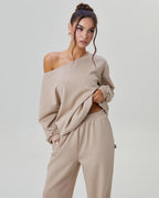 Women’s Cozy Two-Piece Lounge Set – One-Shoulder Long Sleeve Top & Wide-Leg Pants