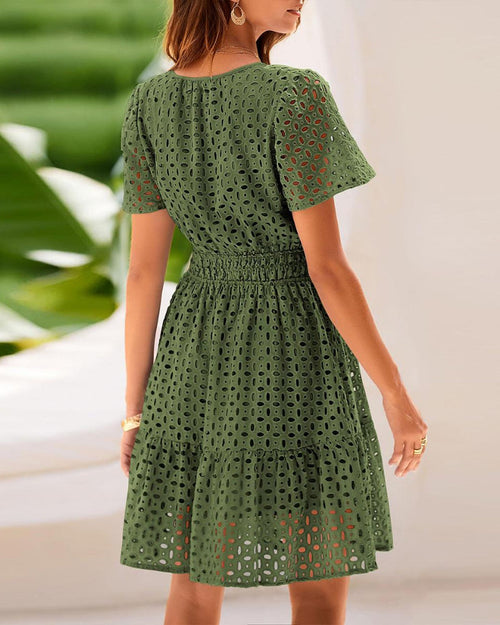 Women V Neck Lace A Line Summer Dress