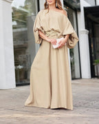 Skew Neck Set – Lantern Top & Wide Leg Pants