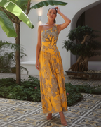 Women’s One-Shoulder Yellow Plant Print Swim Set with Cover Skirt