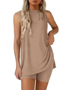 Women’s Sleeveless 2-Piece Summer Lounge Set – Split-Hem Shorts