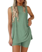 Women’s Sleeveless 2-Piece Summer Lounge Set – Split-Hem Shorts