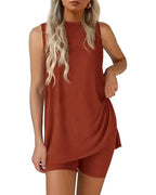 Women’s Sleeveless 2-Piece Summer Lounge Set – Split-Hem Shorts