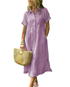 Women’s Midi Striped Shirt Dress – Boho Side Slit, Summer Sundress