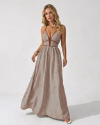 Women’s Pinstripe V-Neck Halter Maxi Dress – Summer Beachwear
