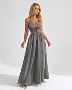 Women’s Pinstripe V-Neck Halter Maxi Dress – Summer Beachwear