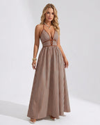 Women’s Pinstripe V-Neck Halter Maxi Dress – Summer Beachwear