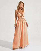 Women’s Pinstripe V-Neck Halter Maxi Dress – Summer Beachwear