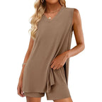 Women’s Sleeveless 2-Piece Summer Lounge Set – Split-Hem Shorts