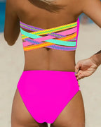 Colorful Stretchy Bikini Set – High-Waist Bottom with Removable Strap