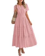 Women’s Boho Maxi Dress, V-Neck Short Sleeve Summer Dress with Pockets