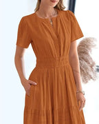 Women’s Boho Maxi Dress, V-Neck Short Sleeve Summer Dress with Pockets