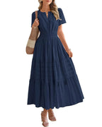 Women’s Boho Maxi Dress, V-Neck Short Sleeve Summer Dress with Pockets