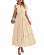 Women’s Boho Maxi Dress, V-Neck Short Sleeve Summer Dress with Pockets