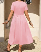 Plus Size V-Neck Ruched Midi Dress Short Sleeve Flowy A-Line Summer Dress