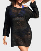 Long Sleeve Crochet Swim Cover Up Beach Dress