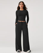 Women’s 2-Piece Activewear Set: Long-Sleeve Crop Top & Wide-Leg Pants | Stretchy Yoga/Workout/Running Clothes